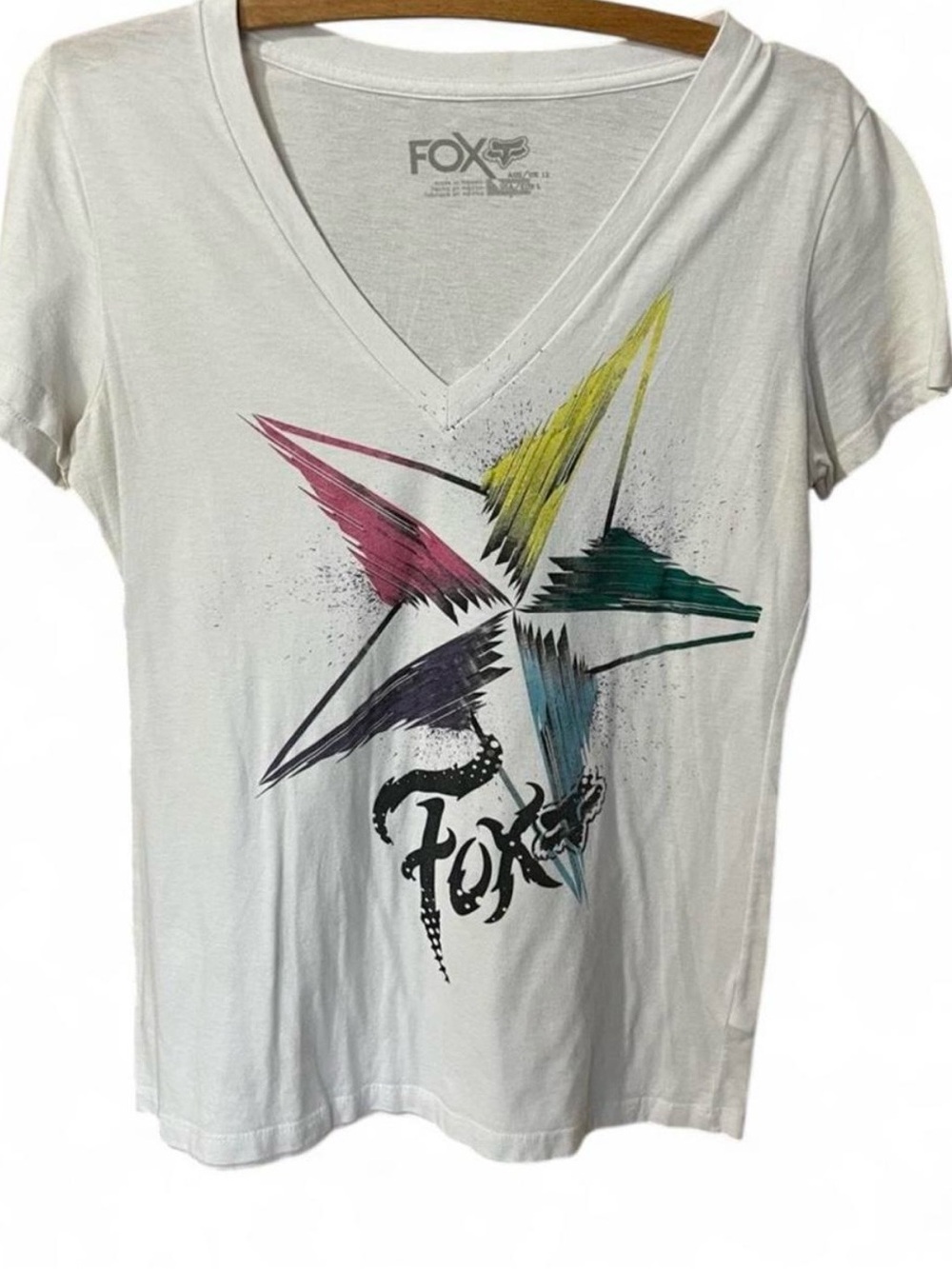 Fox White V-Neck Tee with Multicolor Star Brush Graphic